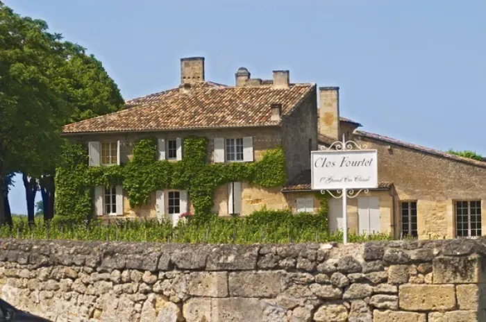 Framed Print : A white sign saying Clos Fourtet 1er premier first Grand Cru Classe and the chateau building itself Framed Print : A white sign saying Clos Fourtet 1er premier first Grand Cru Classe and the chateau building itself