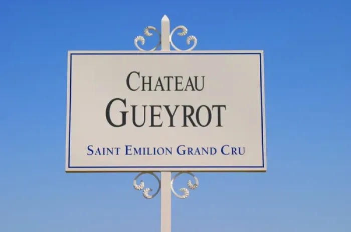Framed Print : A white sign in the vineyard saying Chateau Gueyrot Saint Emilion Grand Cru Saint