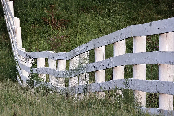 White wooden fence across rolling hill, Shaker Village of Pleasant Hill, Harrodsburg, Kentucky