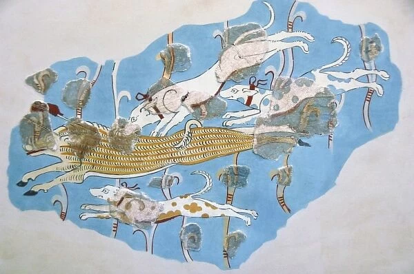 Wild boar hunting. Fresco dated between 14th and 13th century BC. Second palace of Tiryns