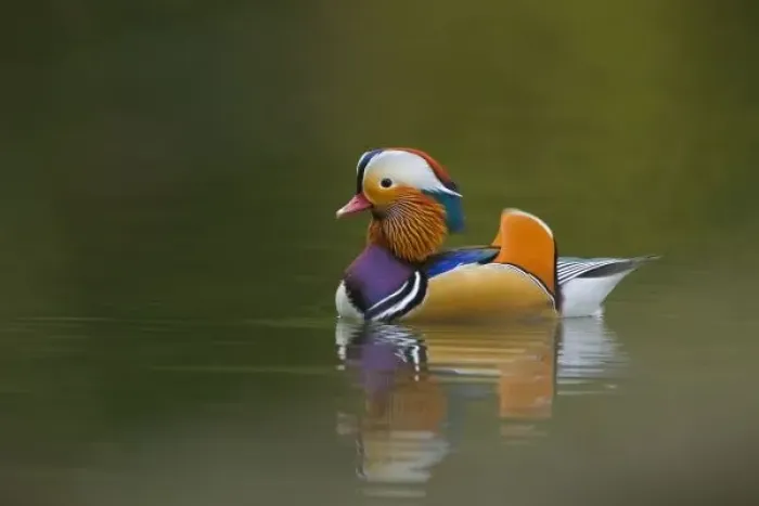 Framed Print : Wild Mandarin Duck (Aix galericulata) on dark green lake, UK Framed Print : Wild Mandarin Duck (Aix galericulata) on dark green lake, UK