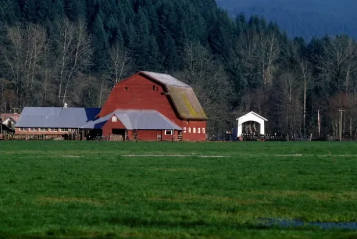 Framed Print : A Willamette Valley farm, with Larwood Bridge in the background, in Lane County, Oregon