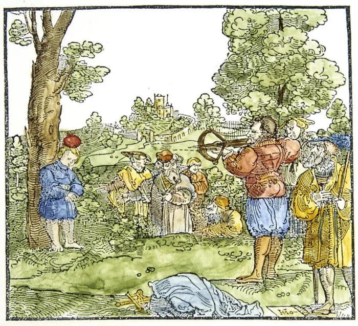 Framed Print : William Tell. Story by Schaufelein. Shooting an apple from his son. 16th cent. engraving Framed Print : William Tell. Story by Schaufelein. Shooting an apple from his son. 16th cent. engraving