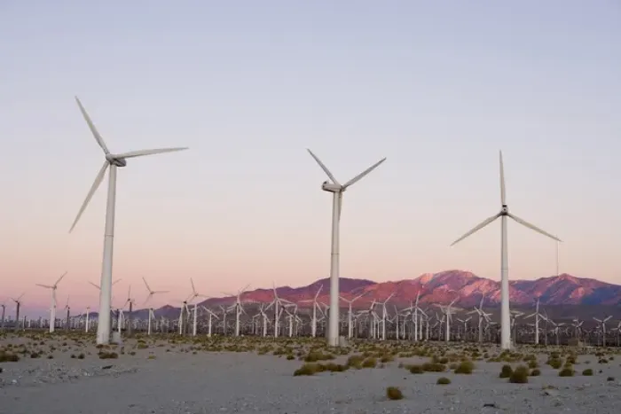 Framed Print : A wind farm in the San Gorgonio Mountain Pass in Palm Springs California USA