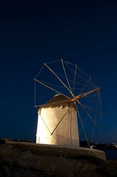 Windmill at dusk, Mykonos Town, Chora, Mykonos, Cyclades, Greece