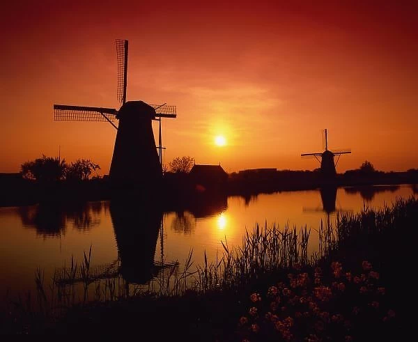 Windmills at sunset, Kinderdijk, Netherlands