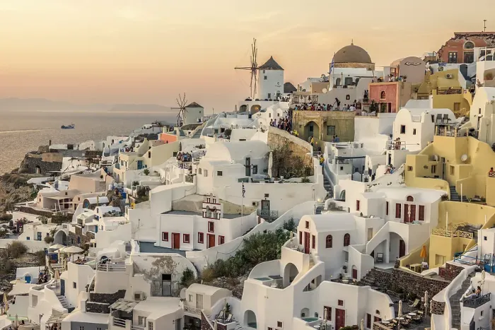 Framed Print : Windmills at Sunset, Santorini, Greece