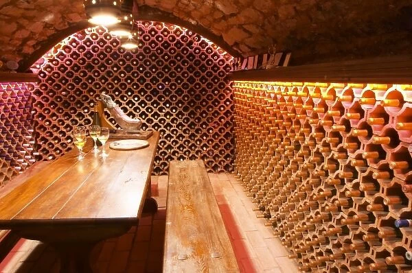 The wine cellar and tasting room, walls are lined with bottles stacked in terracotta