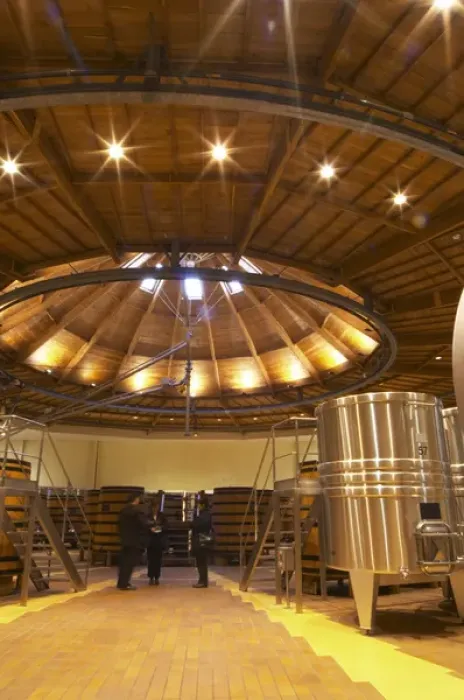 Framed Print : The winery with wooden and stainless steel fermentation vats. It is built in a circular design Framed Print : The winery with wooden and stainless steel fermentation vats. It is built in a circular design