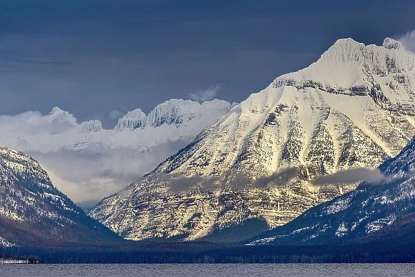 Winter on the Garden Wall and Cannon Mountain over Lake McDonald in Glacier National Park, Montana, USA