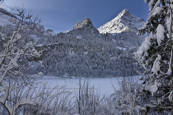 Winter landscape at Tschingelsee (lake Tschingel) in Kiental, Bernese Alps, with mornig fog