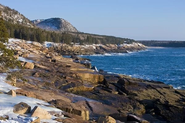 A winter morning on the Maine coast in Acadia National Park. Ocean Drive section of the park