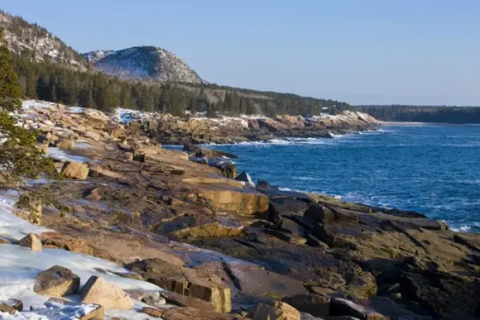 Framed Print : A winter morning on the Maine coast in Acadia National Park. Ocean Drive section of the park