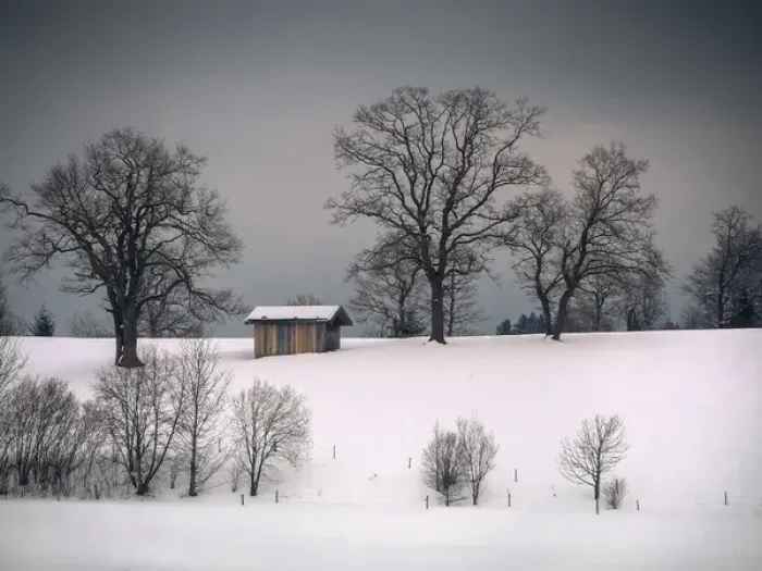 Framed Print : Winter scene, hill and trees, hut and forboding sky Framed Print : Winter scene, hill and trees, hut and forboding sky