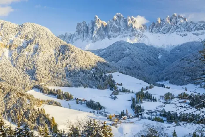 Framed Print : Winter snow; St. Magdalena village; Geisler Spitzen (3060m); Val di Funes; Dolomites