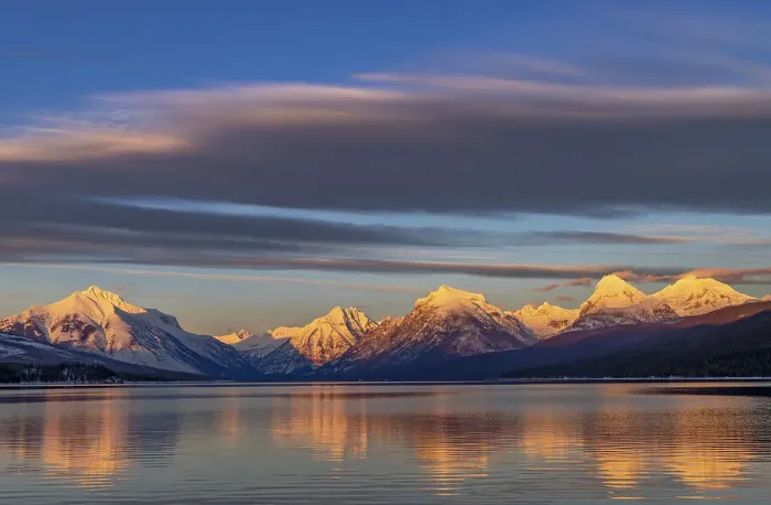 Framed Print : Winter sunset on mountain peaks over Lake McDonald in Glacier National Park, Montana, USA