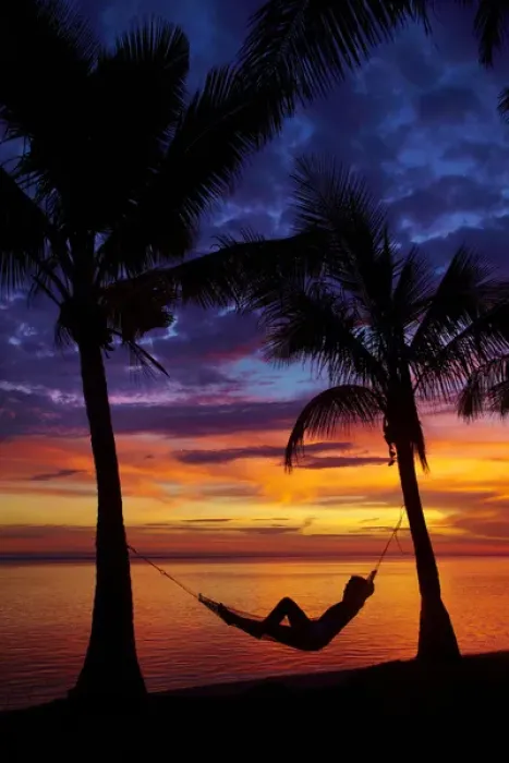 Framed Print : Woman in hammock, and palm trees at sunset, Coral Coast, Viti Levu, Fiji, South Pacific