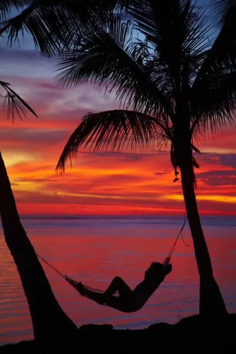 Framed Print : Woman in hammock, and palm trees at sunset, Coral Coast, Viti Levu, Fiji, South Pacific