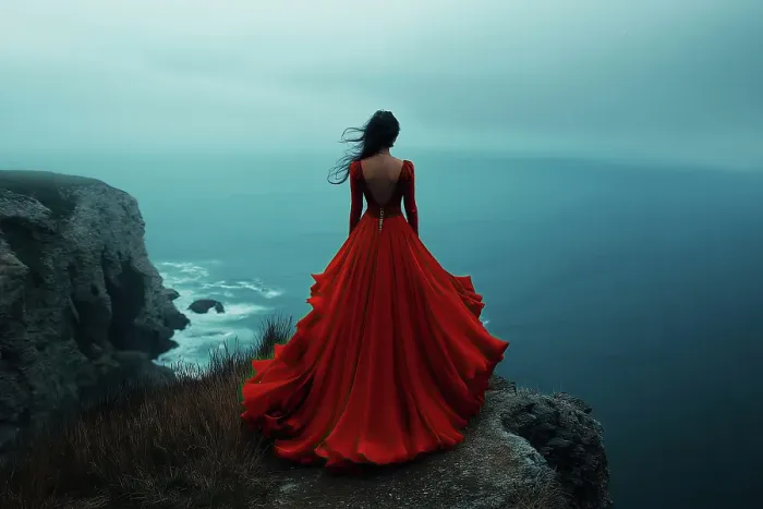 Framed Print : Back of woman in red flowing gown facing ocean. (AI Generated) Framed Print : Back of woman in red flowing gown facing ocean. (AI Generated)