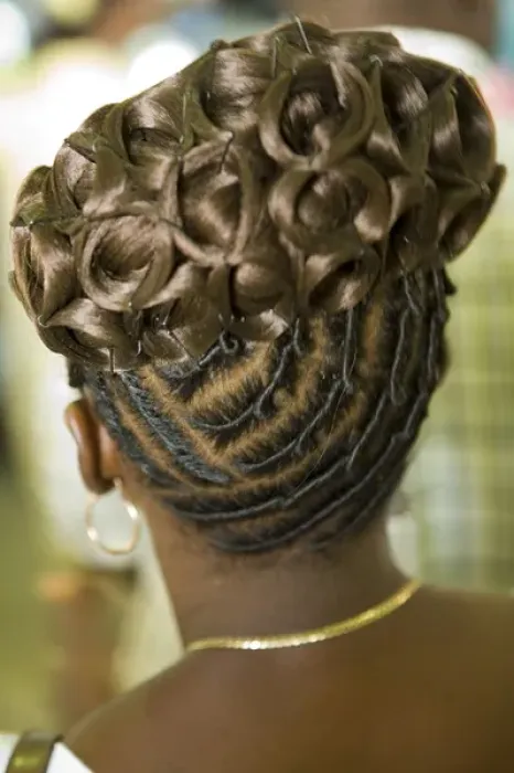Framed Print : Womans elaborate hair style (viewed from behind), Garifuna Settlement Day, annual Framed Print : Womans elaborate hair style (viewed from behind), Garifuna Settlement Day, annual