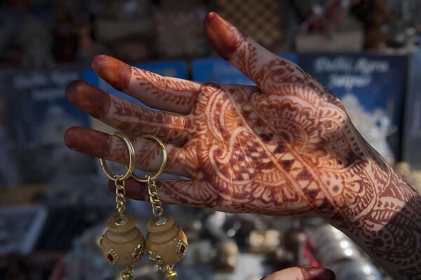 Womans palm decroated in henna, Jaipur, Rajasthan, India