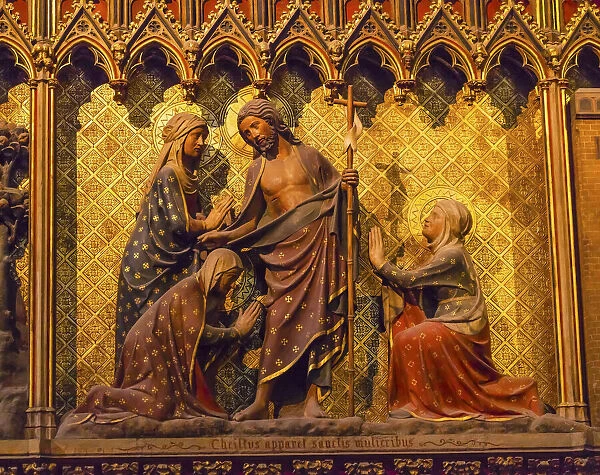 Women Praying Jesus Christ wooden panel statues, Notre Dame Cathedral, Paris, France