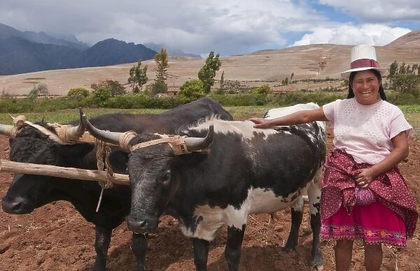 Wonderful farming woman on farm with oxen and traditional dress and smiling happy