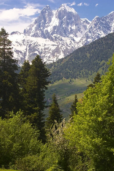 Wonderful mountain scenery of Svanetia with Mount Ushba in the background, Georgia