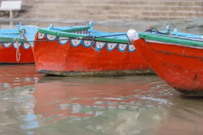 Framed Print : Wooden boats in Ganges river, Varanasi, India