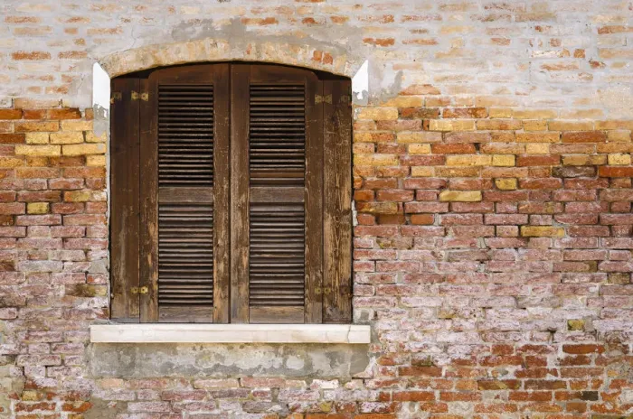 Framed Print : Wooden shutters and brick wall, Burano, Veneto, Italy Framed Print : Wooden shutters and brick wall, Burano, Veneto, Italy