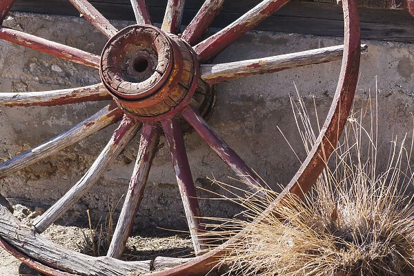 Wooden wagon wheel, California
