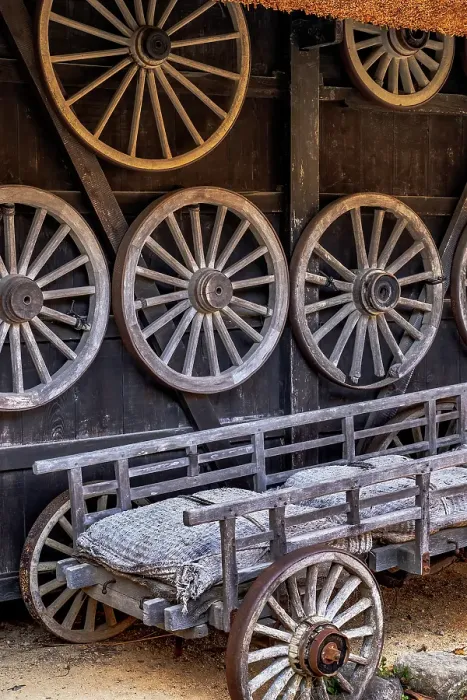 Framed Print : Wooden wagon wheels, Old Yoshimaya house, Hida No Sato, Hida Folk Village, Takayama, Japan