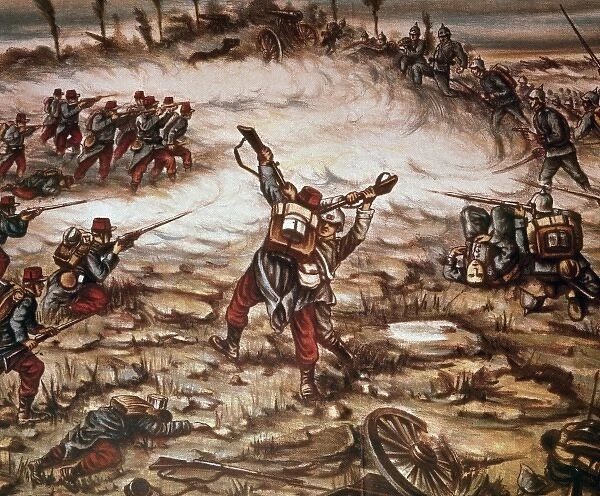 WORLD WAR (1914-1918). Battle between German and French troops. Drawing