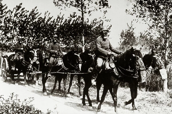 WORLD WAR (1914-1918). Soldiers and horses of the German army, both with gas masks