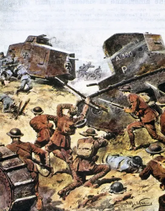 Framed Print : World War I (1914-1918). Battle between Allied and German tanks in May 1918 Framed Print : World War I (1914-1918). Battle between Allied and German tanks in May 1918