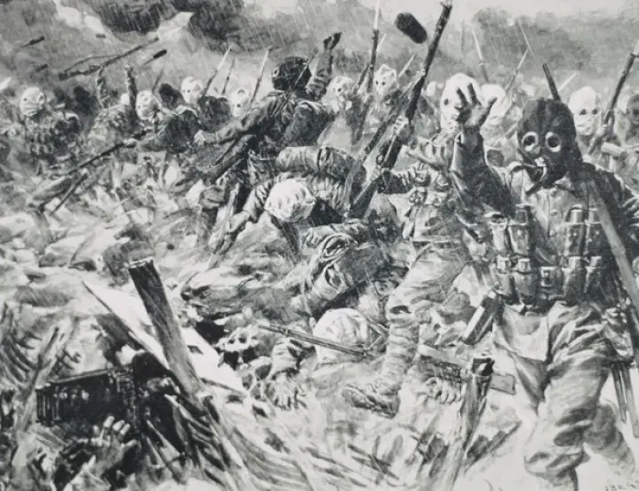 Framed Print : WORLD WAR I (1914-1918). British troops advancing on enemy positions, protected by gas masks Framed Print : WORLD WAR I (1914-1918). British troops advancing on enemy positions, protected by gas masks
