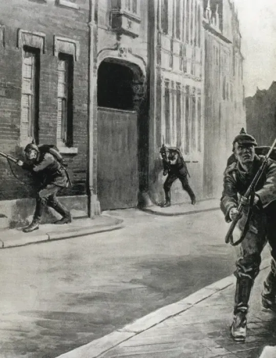 Framed Print : World War I (1914-1918). German troops entering in Liege. Drawing by Philip Dadd (1915) Framed Print : World War I (1914-1918). German troops entering in Liege. Drawing by Philip Dadd (1915)