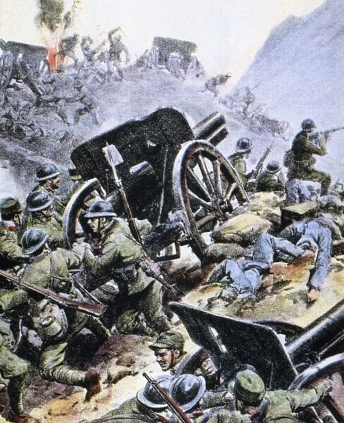 World War I (1914-1918). Italian troops against the Austrian artillery. La Domenica del Corriere