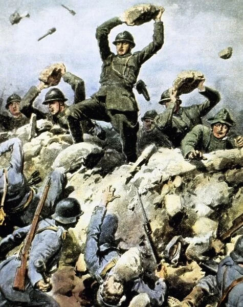 World War I (1914-1918). Italian troops defending their positions against the enemy using stones
