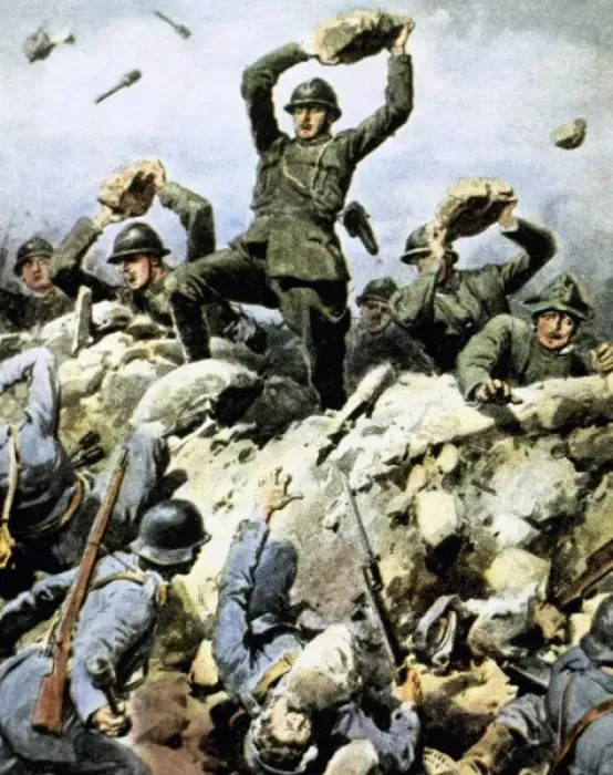Framed Print : World War I (1914-1918). Italian troops defending their positions against the enemy using stones