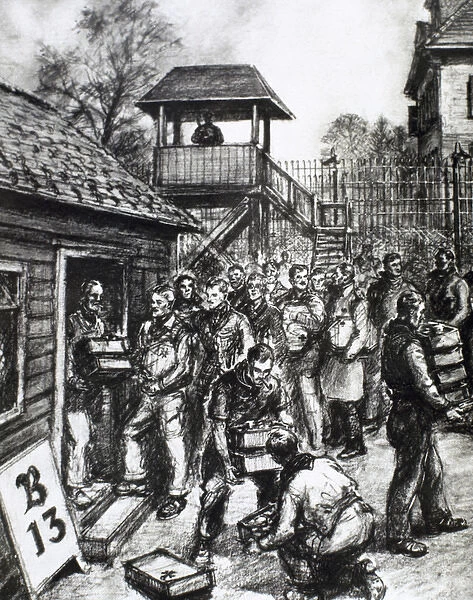 WORLD WAR II (1939-1945). British soldiers imprisoned in a German camp receiving