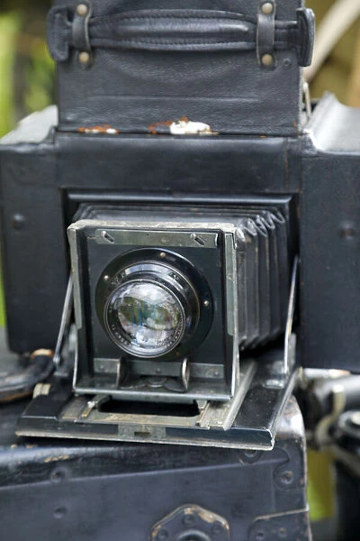 World War One re-creation and history. Close-up of old bellows-style camera