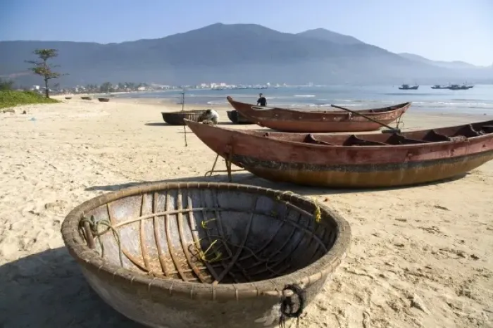 Framed Print : Woven boats and baskets on China Beach near the port city of Da Nang, Vietnam