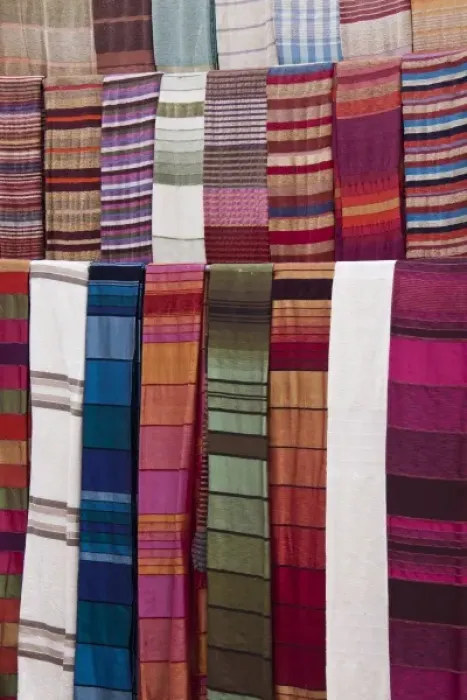 Framed Print : Woven fabrics, Essaouira, Morocco Framed Print : Woven fabrics, Essaouira, Morocco