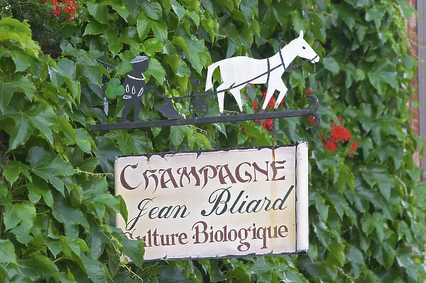 A wrouight iron painted sign that illustrates the theme of champagne and wine production