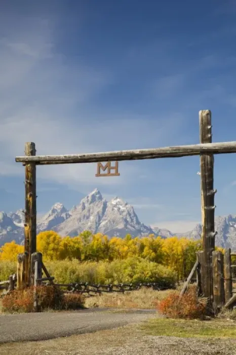 Framed Print : WY, Grand Teton National Park, Teton Range and Cottonwood trees with ranch gateway Framed Print : WY, Grand Teton National Park, Teton Range and Cottonwood trees with ranch gateway
