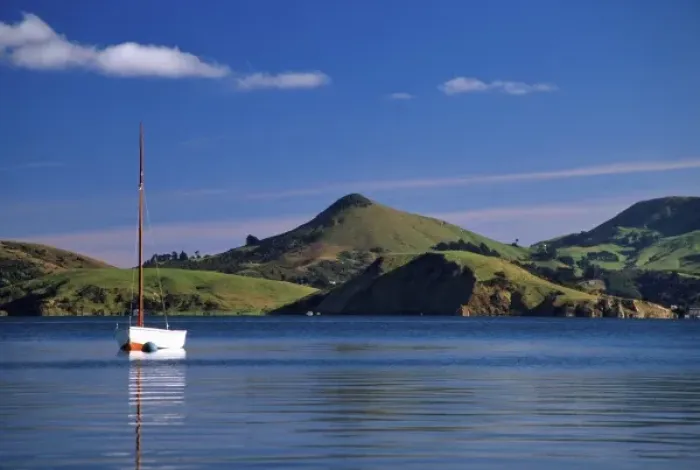 Framed Print : Yacht, Dowling Bay, Otago Harbour. Harbour Cone and Otago Peninsula in background Framed Print : Yacht, Dowling Bay, Otago Harbour. Harbour Cone and Otago Peninsula in background