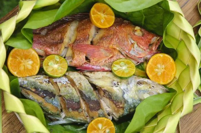 Framed Print : Yap. Local cooked fish in woven food baskets Framed Print : Yap. Local cooked fish in woven food baskets