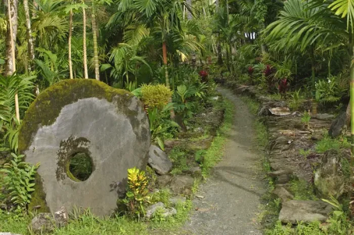 Framed Print : Yap. Stone money marks entrance to village