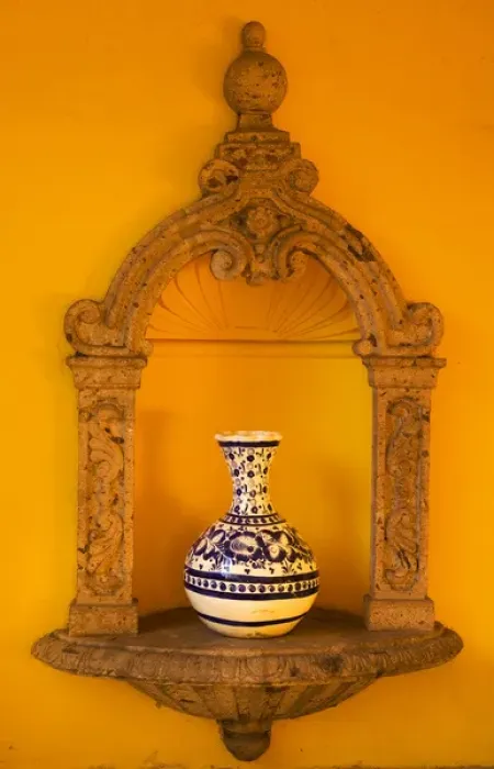 Framed Print : Yellow Adobe Wall, Blue White Mexican Vase, Guadalajara Mexico Framed Print : Yellow Adobe Wall, Blue White Mexican Vase, Guadalajara Mexico